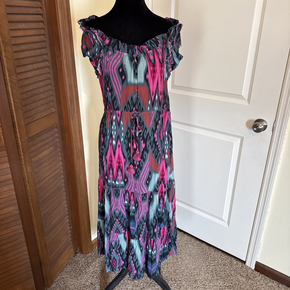 Figue Gianna Off The Shoulder Tiered Midi Print Dress Salome Ikat Pink Small